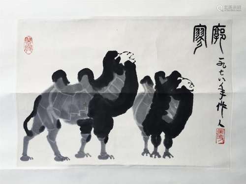 CHINESE SCROLL PAINTING OF TWO CAMEL