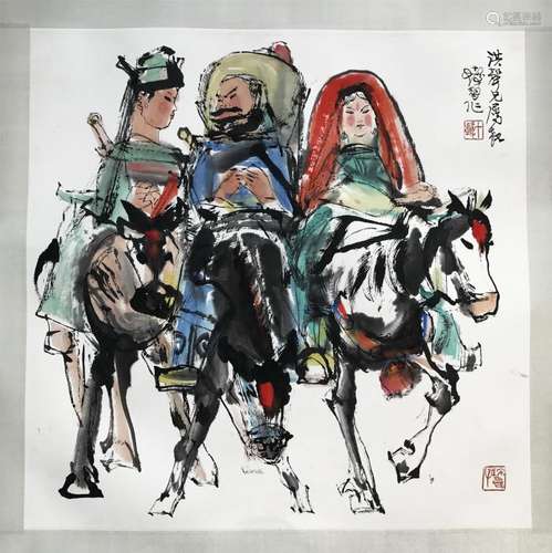 CHINESE SCROLL PAINTING OF THREE PERSON ON BACK OF HORSES