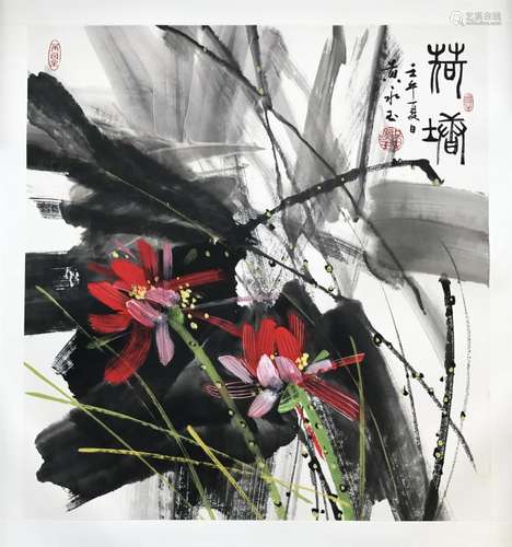 CHINESE SCROLL PAINTING OF LOTUS