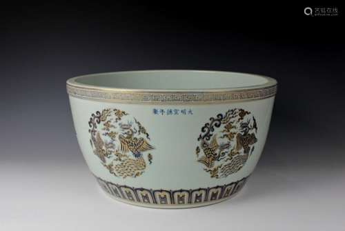 CHINESE PORCELAIN BLUE AND GOLD PHOENIX FISH BOWL