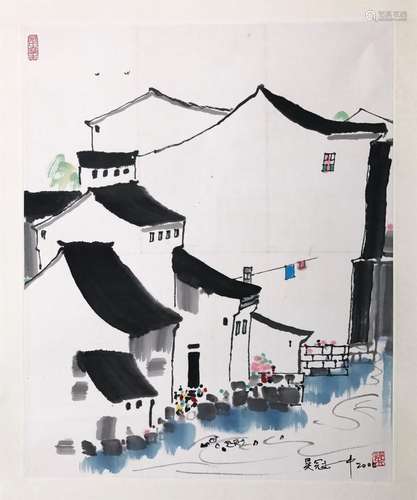 CHINESE SCROLL PAINTING OF HOUSE BY RIVER