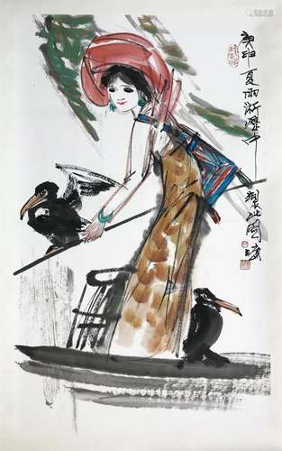 CHINESE SCROLL PAINTING OF GIRL AND BIRD