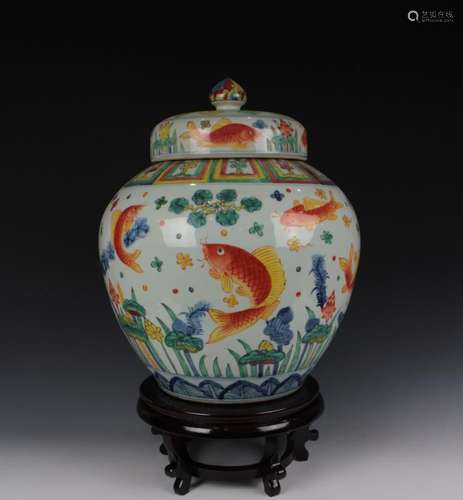 CHINESE PORCELAIN WUCAI FISH AND WEED LIDDED JAR