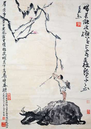 CHINESE SCROLL PAINTING OF COWBOY ON BACK OF OX