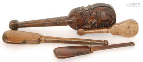 A Chinese opium scale in hardwood violin shaped case, two similar examples and a set of Indian scales carved with an elephant (4)