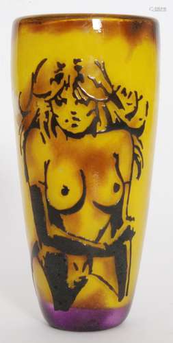 A contemporary studio cameo glass vase by Joye Colbeck of tapering form cased in cinnamon over the citron ground and cut with a nude female in relief, dated 2000, engraved signature, height 19.5cm.  N.B. This piece was made at the 2000 Dudley Glass Festival.