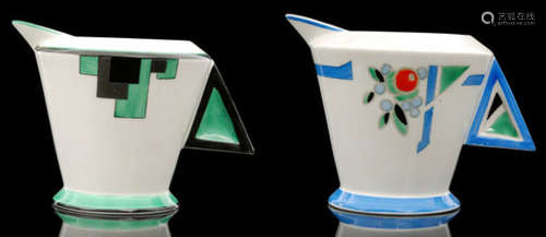 Two 1930s Shelley Art Deco Mode shape milk jugs, the first in the (Green) Blocks pattern, the second in the Truncated J pattern, both with printed marks (2)