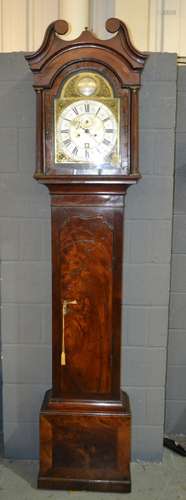 An 18th Century mahogany longcase clock by James Snelling London, the eight day striking movement with silvered chapter ring and seconds subsidiary dial on a matted centre enclosed broken swan neck hood flanked by pilasters over a long trunk door and crossbanded canted base, height 230cm