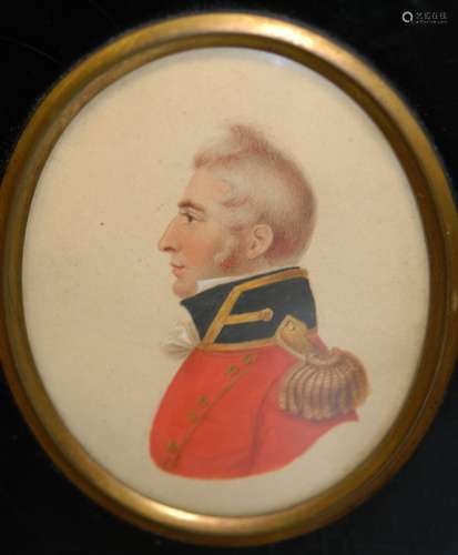 ENGLISH SCHOOL (EARLY 19TH CENTURY) - Profile portrait of the Duke of Wellington, miniature watercolour, oval, framed, 9cm x 6.5cm