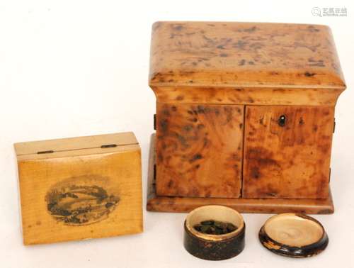 A burntwood two door jewellery casket, a Mauchline ware sycamore box of Edinburgh castle and a small box containing a quantity of scarab beetles (qty)