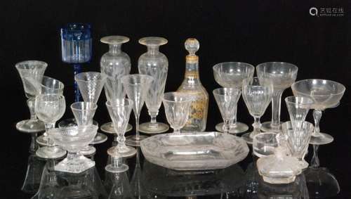 A group of 18th Century and later glass comprising wine glasses, a Meyrs Neffe style glass, a gilt slice cut decanter and various other examples. (qty)