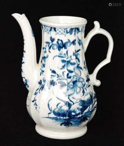 A late 18th Century Worcester coffee pot decorated in the blue and white Hollow Rock Lily pattern, lacks lid, painted crescent mark, height 19.5cm.