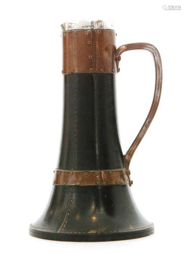 An early 20th Century Royal Doulton Silicon jug, the imitation leather body with imitation copper mounts and a hallmarked silver rim, impressed marks, hallmarked for London 1902, height 25.5cm, S/D