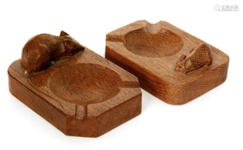 Two Robert 'Mouseman' Thompson oak ashtrays of rectangular form, each with a carved 'mouse' signature, width 10cm (2)