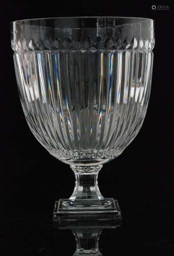 A large contemporary Marion clear crystal glass vase of footed chalice form designed by Ralph Lauren, the terraced square foot below a faceted stem rising to the fluted cut bowl in a highly polished finish, unmarked, original box, height 33cm, S/D