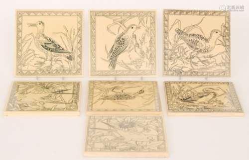 A set of seven late 19th Century Minton Hollins & Co waffle back 6in dust pressed tiles from the Bird series, each decorated with a black linear transfer print against a stone ground (7)  This design was reputedly designed by R. W. Edis who then sold the design to E. W. Godwin, who then sold the design to Minton (see British Museum collection number 1993,1108.7)