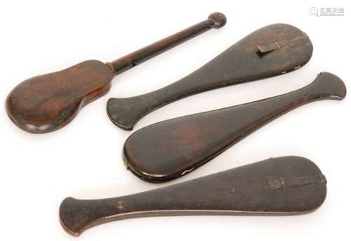 A Chinese opium scale in hardwood violin case and three similar scales each in fish shaped cases (4)