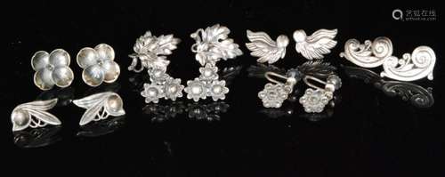 Seven pair of silver stud and screw fitting earrings to include a marcasite set pair, all Bernard Instone.