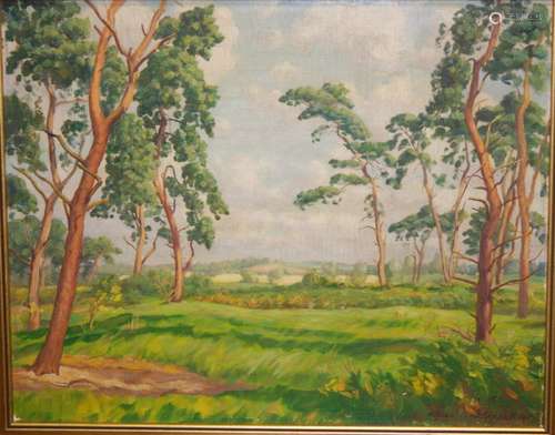 ALFRED BLUNDELL (1883-1968) - A view across fields in summer, oil on canvas laid down on board, signed and dated '45, framed, 40cm x 50cm also two other oils by the same hand (3)