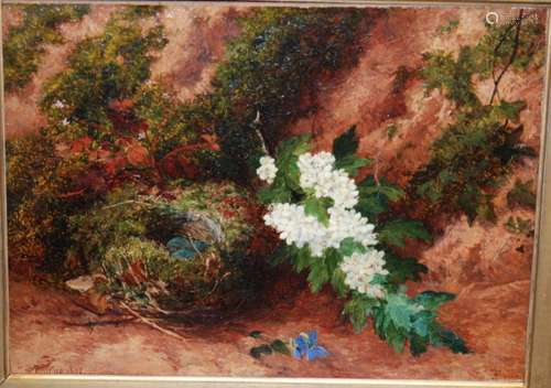 J. TAYLOR (MID 19TH CENTURY) - A still life composition with bird's nest and blossom, oil on canvas laid downon board, signed and dated 1872, framed, 29cm x 40cm