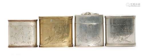 A Chinese cylindrical opium box and cover, both sides engraved with an erotic scene, width 5.5cm, a similar box with character marks, another engraved with a kneeling figure and a similar plated example (4)