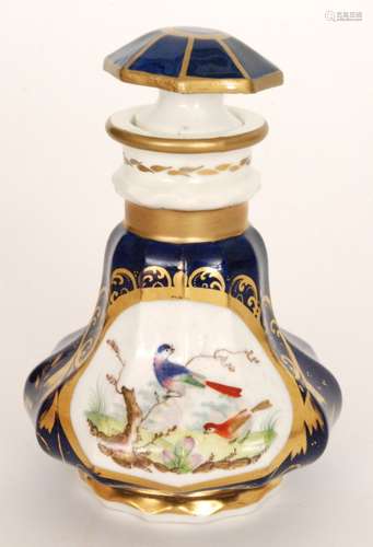 A 19th Century Bloor Derby scent bottle, the faceted body decorated with a hand painted roundel of birds perched upon branches within a gilt frame against a blue ground, printed circular crown mark, height 12.5cm, restored