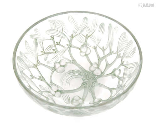 A Rene Lalique clear glass bowl decorated in the Gui pattern with moulded mistletoe in stained green, raised R.Lalique mark, diameter 20.5cm