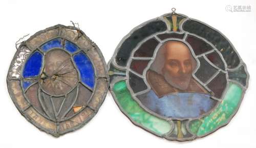 A circular stained glass panel depicting William Shakespeare to the centre surrounded by a green panel border, diameter 36cm, together with a similar oval example showing James I, height 30cm. (2)