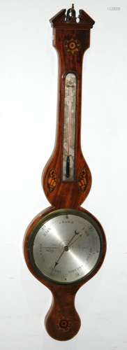 A George III inlaid mahogany wheel barometer inlaid with shell paterae and incorporating a thermometer, the silvered dial inscribed Underhill Newport, height 99cm