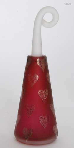 A Blowzone studio glass scent bottle of conical form cased and cut with hearts with gold aventurine in relief over the red satin ground all below a coiled satin stopper, engraved signature, height 17.5cm.