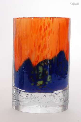 A post war Czech glass vase by Beranek of elliptical sleeve form decorated with a mottled blue to red above a heavy clear crystal foot, height 19cm.