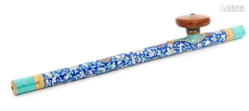 A Chinese porcelain opium pipe with floral decoration and symbols on a deep blue ground and turquoise ends with redware pottery bowl depicting a monk in a landscape under a tree, some restoration, length 50cm