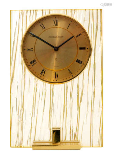 A 1960s and 1970s Jaeger - Le Coultre eight day mantle clock in yellow bark effect resin case, height 17.5cm