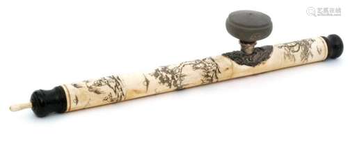 A Chinese bone opium pipe of scroll type section decorated with characters in landscape scenes with embossed plated saddle and grey pottery bowl stamped with symbols and characters, length 51cm