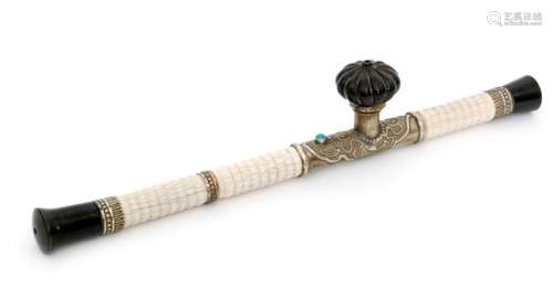 A Chinese opium pipe with ribbed ivory stem and silver plated mounts and turquoise cabochon, melon shaped bowl and stained end and mouthpiece, length 42cm