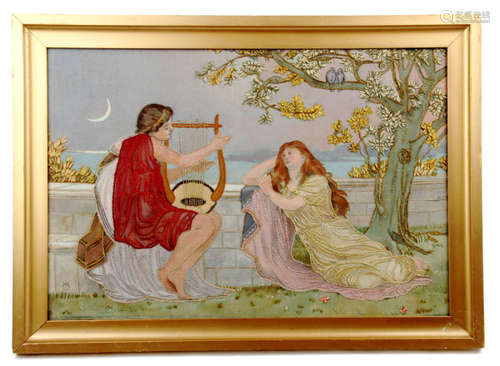 A pair of early 20th Century framed Aesthetic silk embroidered and painted panels each depicting classical figures in garden settings  playing musical instruments, both with painted monograms, both framed, 31cm x 45cm