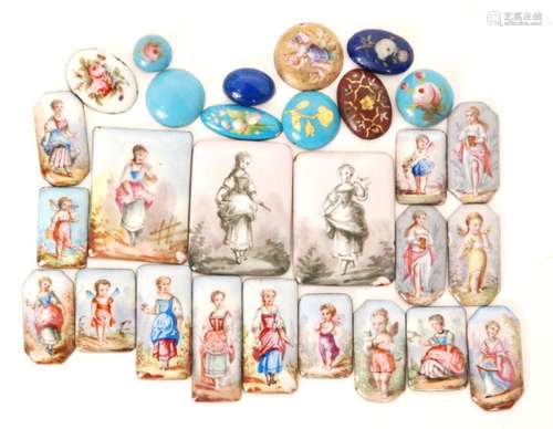 A small parcel lot of assorted enamelled plaques to include floral sprays, standing Classical female figures etc, oval and rectangular example largest 2cm, damages.