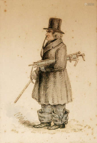 JOHN HASLEM (1808 - 1884) - A Derby street vendor, ink and wash drawing, signed with initials and dated 1861, inscribed indistinctly on backing paper, framed, 23cm x 15.5cm  also one other drawing by the same hand (2)