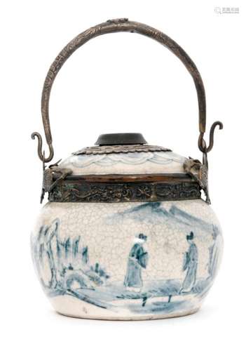 A Chinese blue and white crackleware opium pot pipe with gilt metal swing handle and stylised dragon mounts decorated with figures in a mountainous landscape, character marks to base, height 12cm