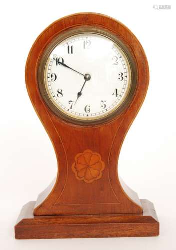 An Edwardian line inlaid mahogany balloon mantle clock with circular Arabic numeral dial, height 23cm