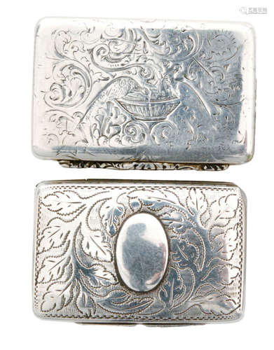 A William IV hallmarked silver vinaigrette with central oval cartouche within a foliate engraved ground, Birmingham 1834, Francis Clark and another with engraved decoration depicting a peacock drinking from a bowl amongst foliate scrolls and sprays, cast thumb plate London 1834 CHWS (2)