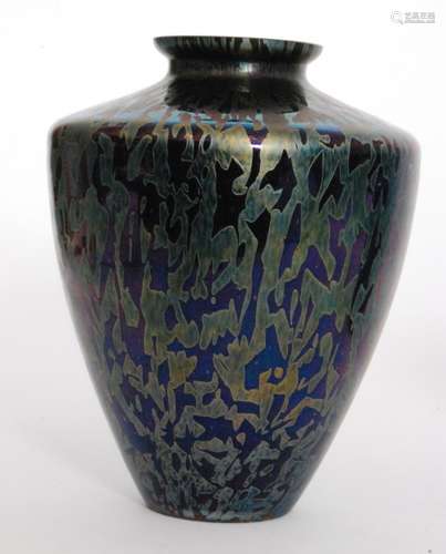 A Royal Brierley Studio glass vase of shouldered form decorated with pale green mottling over the deep iridescent ground, acid marked, height 20cm.