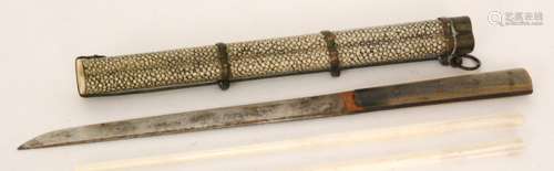 A late 19th to early 20th Century Japanese chopstick set, shagreen on timber with brass mounts and collars accommodating ivory chopsticks, length 29.5cm