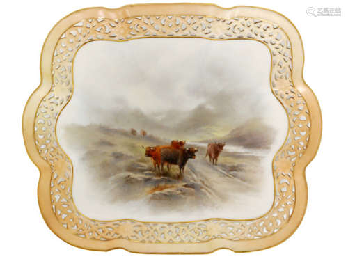 A late 19th Century Royal Worcester square dish decorated by John Stinton with hand painted Highland cattle in a mountainous landscape, the blush ivory edge with a pierced border, signed, brown printed mark, length 25cm