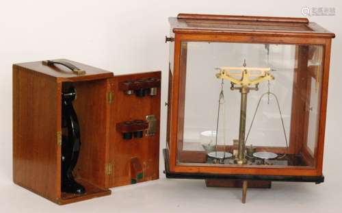 A mid 20th Century microscope by Beck London No 47, height 31cm and a Oertling chemists spring balance in mahogany glazed case (2)