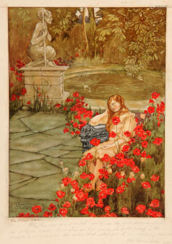 LESLIE F EVERETT (EARLY 20TH CENTURY) - An Arts and Crafts style watercolour study of a girl surrounded by poppies in a garden setting, signed, dated 1915, oak frame, 28cm x 21cm