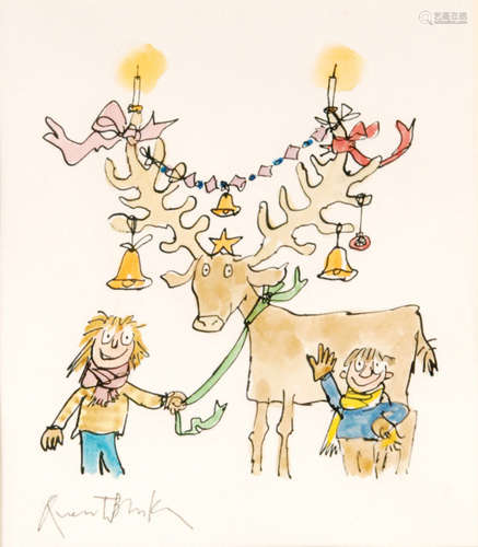 SIR QUENTIN BLAKE, OBE (B.1932) - 'Alternative Christmas Tree', ink and wash drawing, signed, bears 'Chris Beetles Gallery, London' verso, framed, 18cm x 15cm