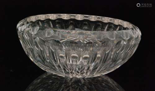 A 1940s Whitefriars clear crystal glass bowl designed by William Wilson and Bernard Fitch, of tapered form with repeat printie cut borders above basal column mitre cutting, pattern C207, diameter 22.5cm.