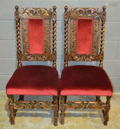 Six late 19th to early 20th Century oak barley twist dining chairs with foliate carved frames and maroon draylon upholstered seats. (6)