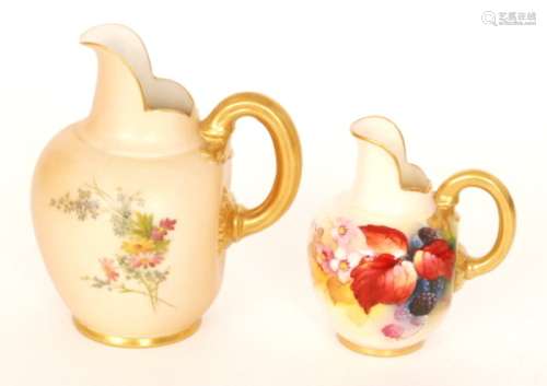 A Royal Worcester shape 1094 flatback jug decorated by Kitty Blake with hand painted autumnal leaves and blackberries, signed, puce mark with date code for 1930, height 11cm, together with a larger 1094 blush ivory jug retailed through W.D Woods Malvern, height 14cm. (2)